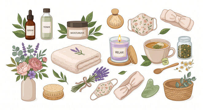 A collection of hand-drawn spa and wellness items features lavender, candles, and skincare.