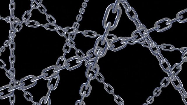 Abstract background with tangled metal chains on black, 3d render of interconnected steel links forming a complex web pattern, industrial strength concept