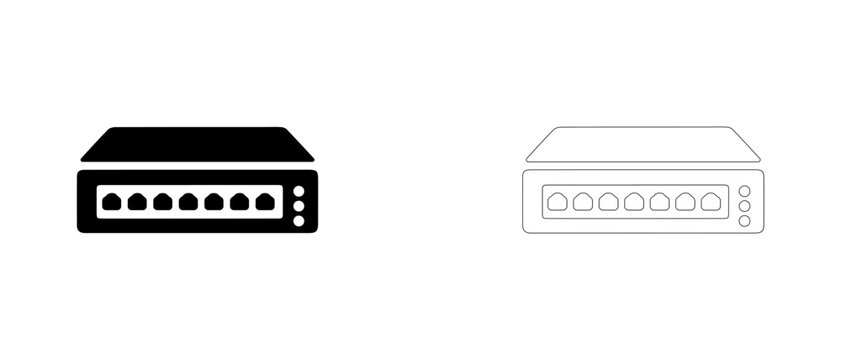 Network Ethernet switch hub vector icon filled and outline, LAN router and patch panel hardware symbol.