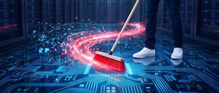 Man cleaning circuit board floor with broom representing digital cleanup.