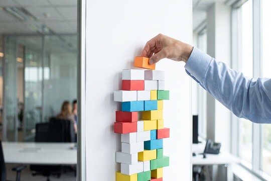 Hand placing white and colored blocks forming rising tower, representing business achievement, incremental progress, and strategic growth building