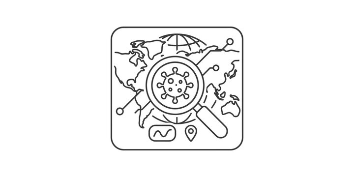Global map with virus and magnifying glass for disease tracking and research.