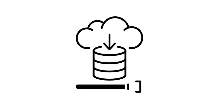 Cloud computing icon with downloading arrow into stacked database symbol and progress bar.
