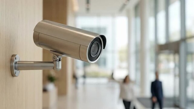 Bullet security camera wall mount surveillance monitoring bright modern lobby entrance with blurred people and glass windows
