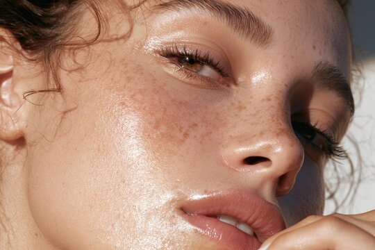 Intimate beauty shot: freckled skin, clear gaze, and delicate makeup on a woman&acirc;&euro;&trade;s face
