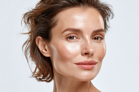 Glossy skin close up face three quarter angle focusing on facial contour natural makeup healthy complexion subtle smile confident expression
