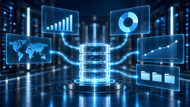 Data analytics dashboard interface connected to central database cylinder with glowing charts graphs and world map for business intelligence concept