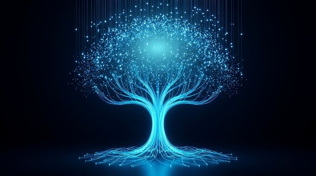 Digital data tree made of glowing blue lines and light particles.