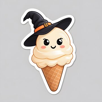 A cute scoop of vanilla ice cream topped with a tiny edible black witch hat, orange sprinkles, adorable smiling face, playful early Halloween dessert aesthetic, kawaii food sticker