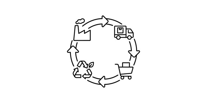 Circular economy diagram with factory truck shopping cart and recycle symbol flat icon.