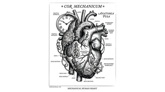 Vintage mechanical anatomical heart with gears and clock face.