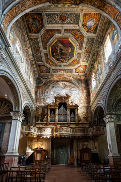 Monumental pipe organ and decorated ceiling of the Basilica of Santa Maria in Vado