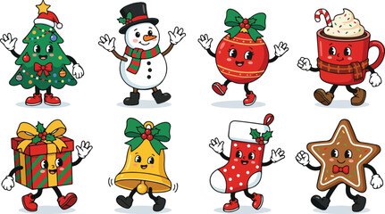 Fototapeta premium Set of cute cartoon christmas characters including snowman tree gift bell stocking and holiday items for festive designs