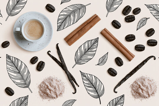 Creamy espresso cup with coffee bean, vanilla pod, cinnamon stick and spice powder on seamless botanical pattern conveying warm aromatic coffee ritual