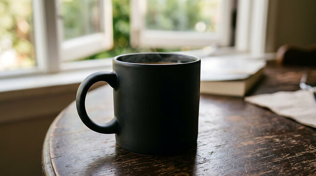 Minimalist coffee mug mockup on rustic wooden table with natural light