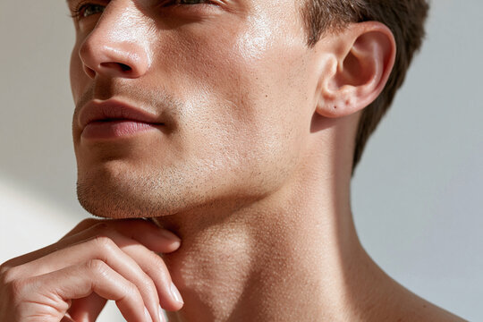 Young man touching neck in soft daylight with dewy skin and contemplative expression