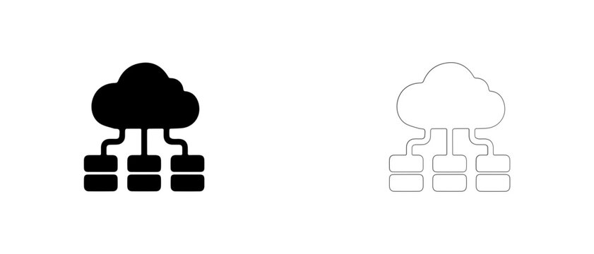 Cloud connected server cluster vector icon filled and outline, distributed cloud computing and server farm symbol.