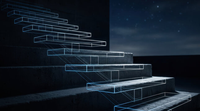 Architectural drawing construction site showing illuminated staircase blueprint over dark concrete steps at night