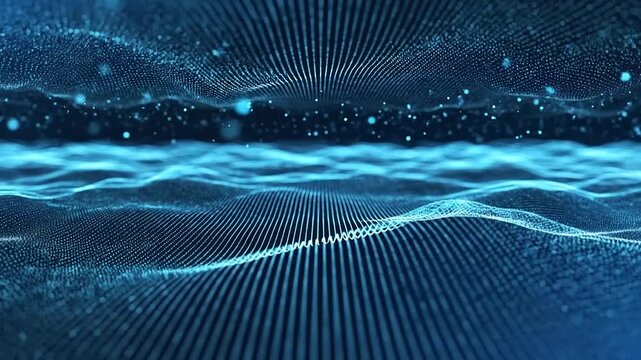 Abstract Blue Digital Wave Network, Futuristic Data Flow and Particle Grid Background