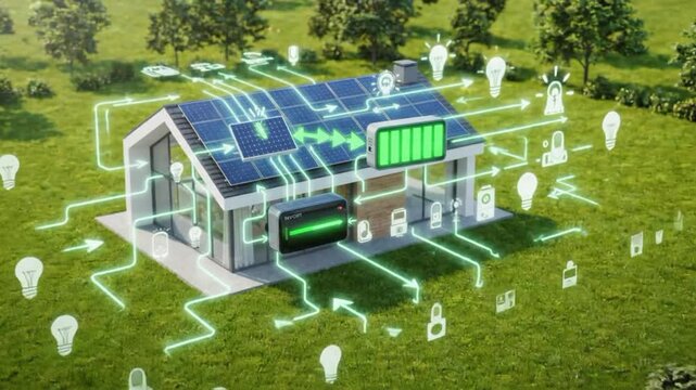 House electric system diagram with solar panels showing energy flow and usage