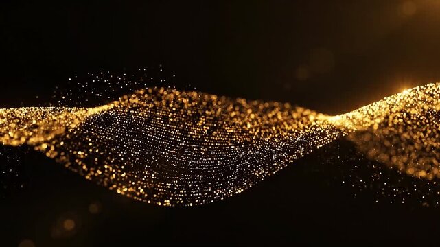 Golden Particles Wave Flowing on Black Background, Luxury Glitter Motion