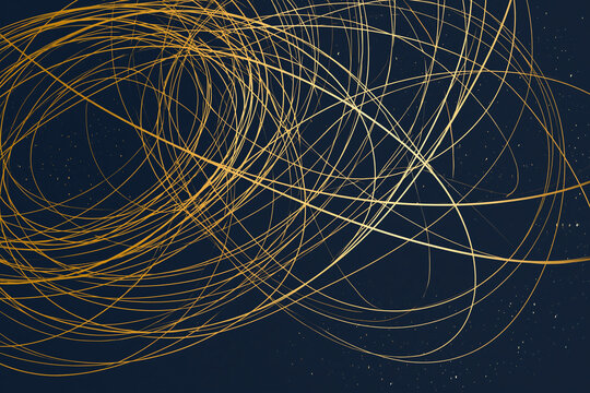 Seamless luxury gold foil line art pattern inspired by hidden cf c, elegant intertwined metallic spiral lines on deep navy background with subtle starry speckle, ornamental abstract motion