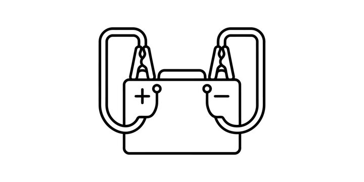 Car battery with jump start cables, electrical power source icon for vehicles, vector illustration.