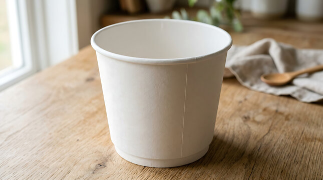 Minimalist white paper coffee cup mockup on rustic wooden table for branding and product design