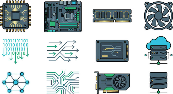 Computer Hardware and Data Processing Vector Icon Set Featuring CPU Processor Motherboard RAM Module Cooling Fan SSD Storage Graphics Card and Cloud Server Networks