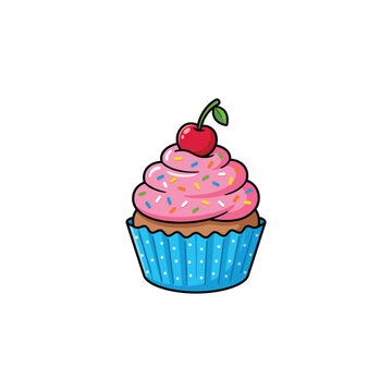 Blue Frosted Cupcake with Cherry Flat Vector Illustration, Cute Cartoon Dessert Clipart