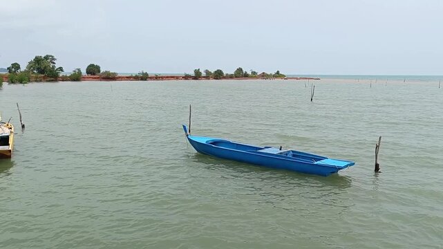 Footage of traditional blue and brown boats anchored near tropical mangrove coastline during day.