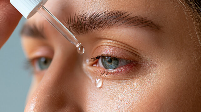 Close-up portrait of a woman applying lubricant drops to a visibly irritated eye, allergy season, ocular dryness, healthcare awareness, realistic skin texture, neutral background,