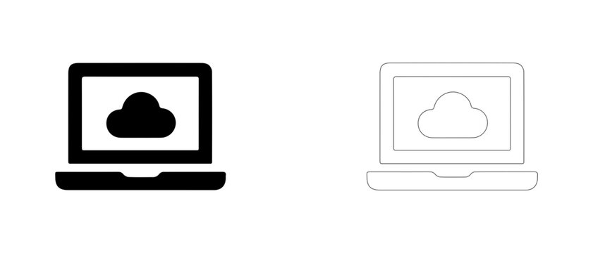 Laptop accessing cloud service vector icon filled and outline, remote server management and SaaS platform symbol.