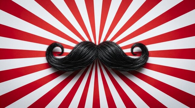 A black curly mustache is placed centrally on a vibrant red and white radial striped background, symbolizing vintage style.