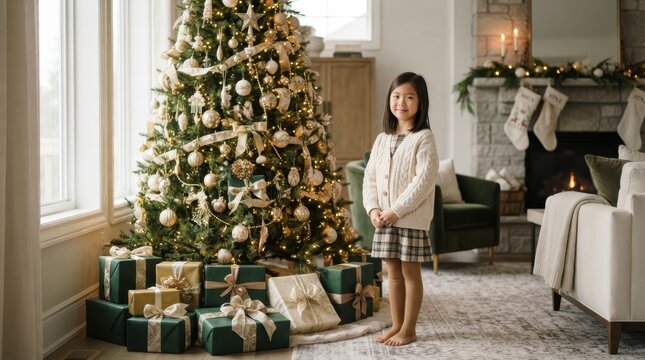 A young girl standing beside a beautifully decorated Christmas tree in a cozy living room home