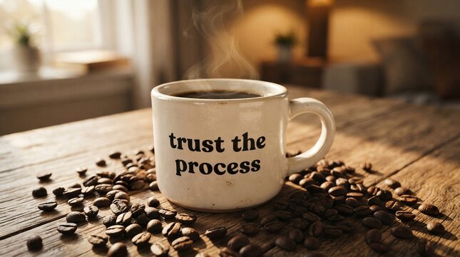 Trust the process concept with coffee mug and beans, relaxing morning or work break for mindfulness.