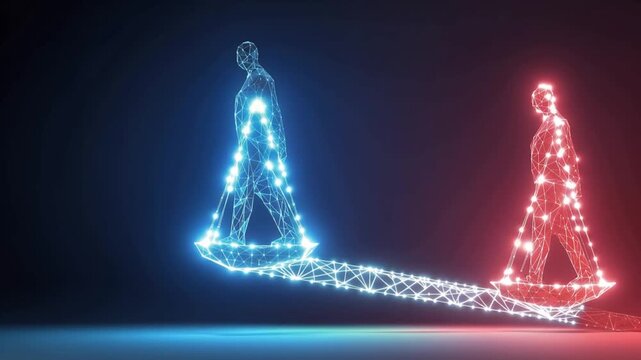 Abstract concept of balance and comparison represented by two glowing figures, one blue and one red, standing on opposite sides of a scale. ..Created with Generative AI, not depicting real subjects.