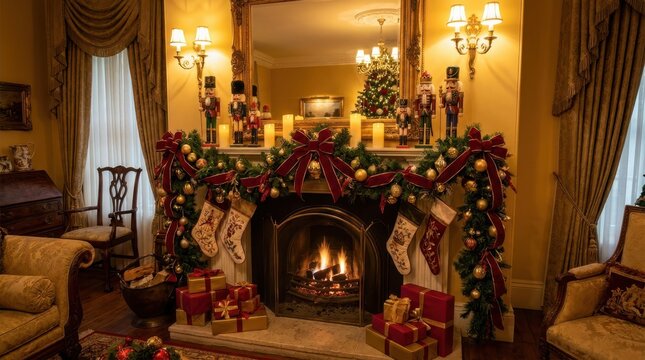 Elegant living room fireplace decorated for Christmas with nutcrackers and festive stockings