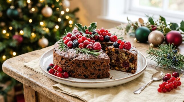 Traditional Christmas fruit cake decorated with fresh berries and rosemary on a rustic table