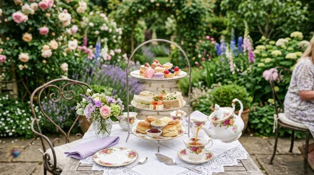 Elegant afternoon tea service with tiered pastries and floral china in a lush English garden