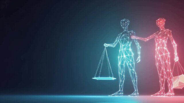 Justice scales and glowing abstract figures representing contrasting choices, one holding scales of justice, the other holding shopping bags. ..Created with Generative AI, not depicting real subjects.