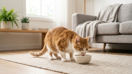 Plakat Orange and white cat drinking milk from a bowl. Domestic ginger feline feeding on a rug in a sunlit living room. Cozy home pet lifestyle scene