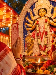 Fototapeta premium Devotee praying before Durga idol with oil lamp and festive lights during puja celebration