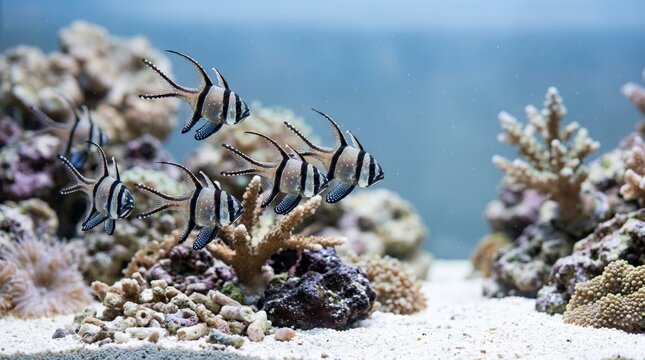 School of Banggai cardinalfish swimming in an aquarium. Striped tropical marine fish over a coral reef. Copy space for text