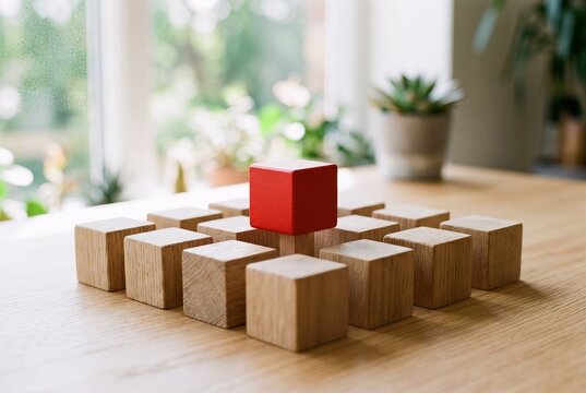 Eye level shot of a single red wooden cube elevated among natural oak cubes on a wood desk for strategic planning presentations and performance metric campaigns.