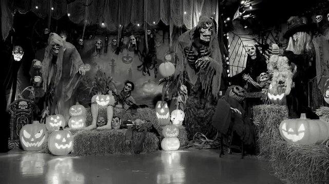 Creepy monochrome Halloween haunted scene featuring vintage ghost figures, glowing lights, and ragged fabric blowing in the breeze