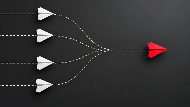 Corporate merger and business consolidation concept with white paper airplanes merging into single red airplane