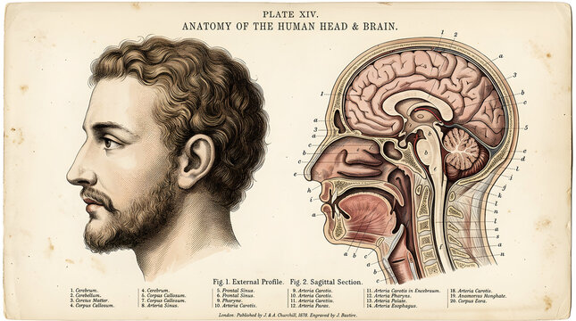Vintage human head and brain anatomy medical illustration