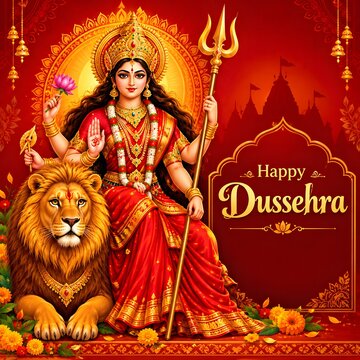 Goddess Durga seated with lion during Dussehra festival illuminated by warm festive lighting concept