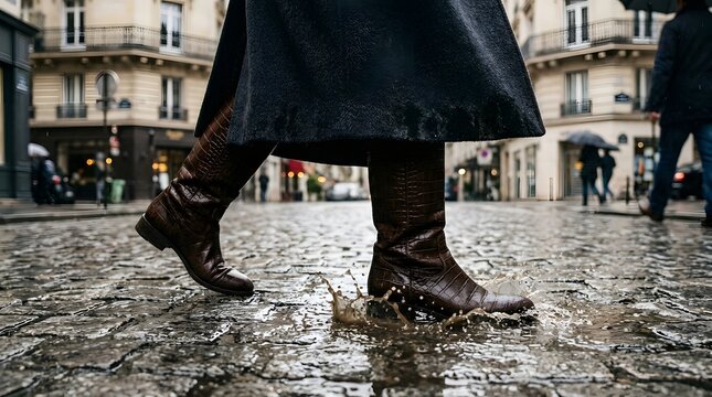 Woman in stylish boots splashes through puddle on cobblestone street in Paris
